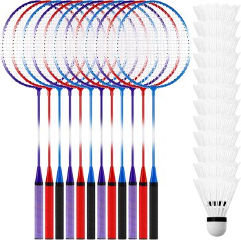 12 Pcs Badminton Rackets Set for Adults and Teenagers Badminton Set with 12 Pcs Nylon Shuttlecocks for Backyard Gym Beach Outdoor Games, Red, Purple and Blue